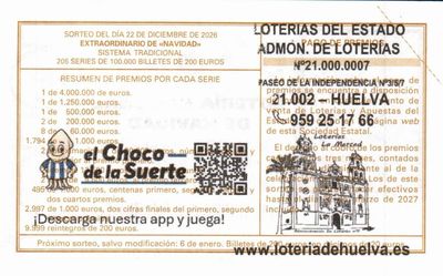 Reverso del d&eacute;cimo 07678 con el sello de la Administraci&oacute;n n&ordm; 7 &laquo;El Choco de la Suerte&raquo;, en Huelva